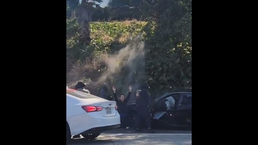 Shock Video: Masked Marauders Ransack Smoking Car Wreck on Los Angeles Freeway