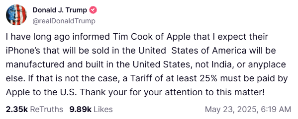 Trump Threatens Apple with 25% Tariff on iPhones Not Made in the USA
